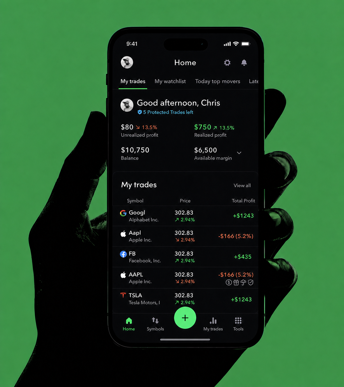 Hand holding the Tiebreak trading application on a smartphone